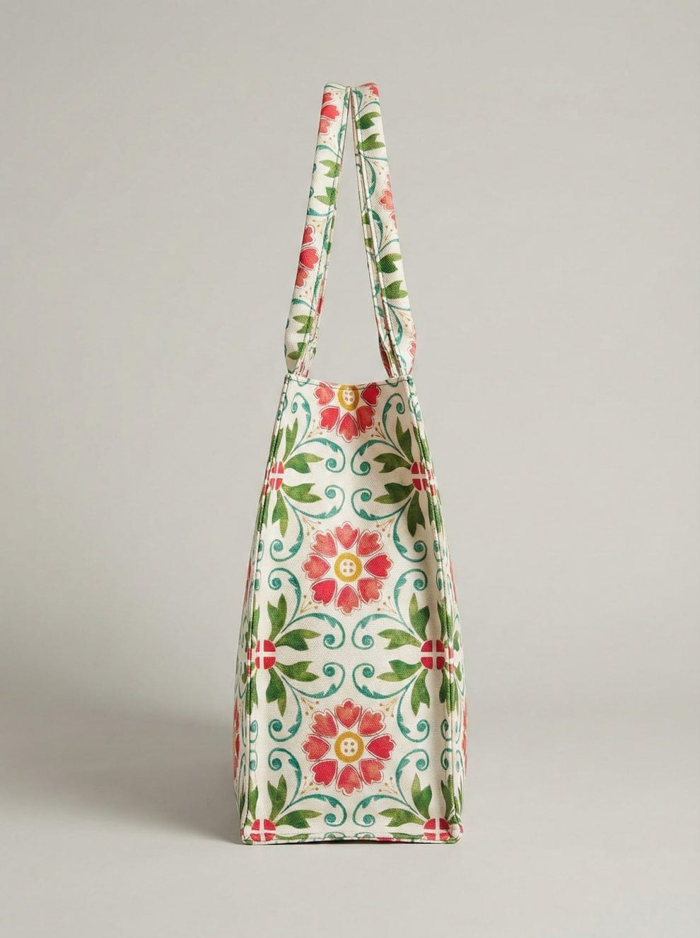 Floral Tile Print Canvas Tote Bag with Sturdy Shoulder Straps