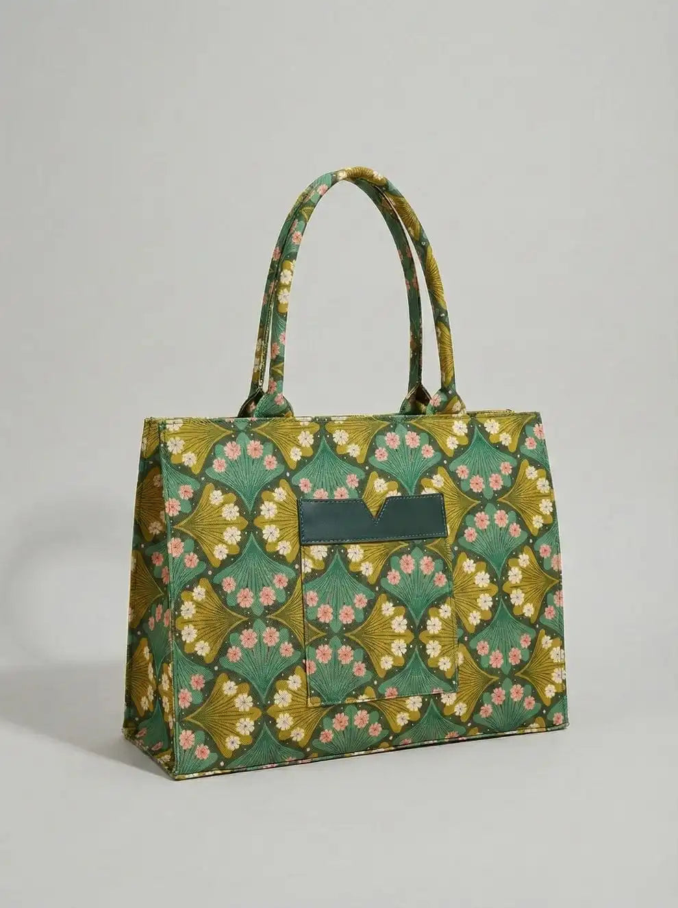Olive Green Fan Floral Canvas Tote Bag with Front Pocket