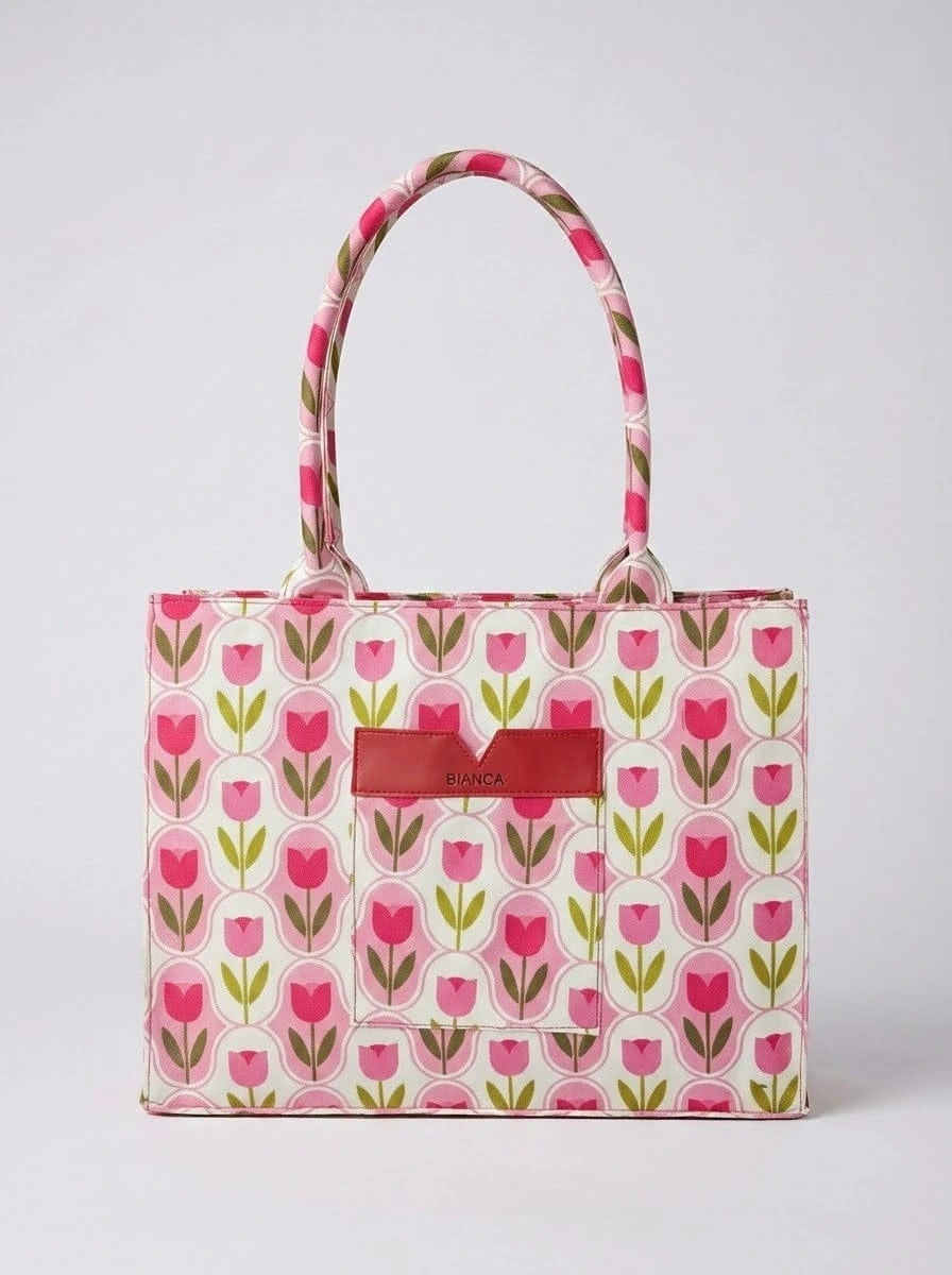 Pink Tulip Floral Canvas Tote Bag with Front Leather Pocket