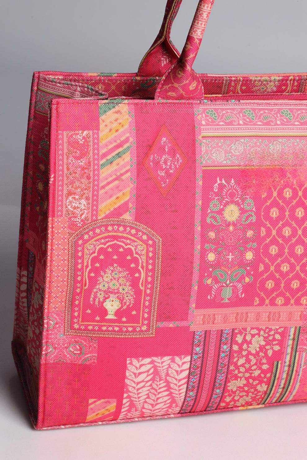 Hot Pink Heritage Patchwork Motif Canvas Shoulder Tote