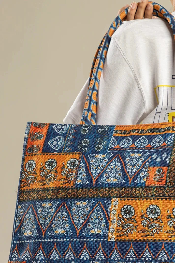 Indigo Blue & Rust Ajrak Mosaic Motif Canvas Tote Bag