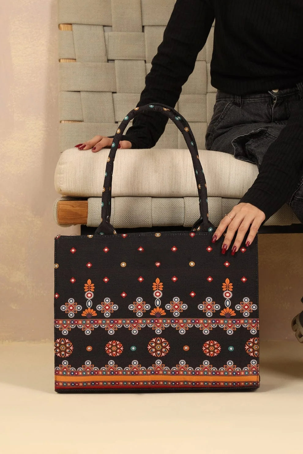 Black Sindhi Folk Mirror Art Motif Canvas Tote Bag