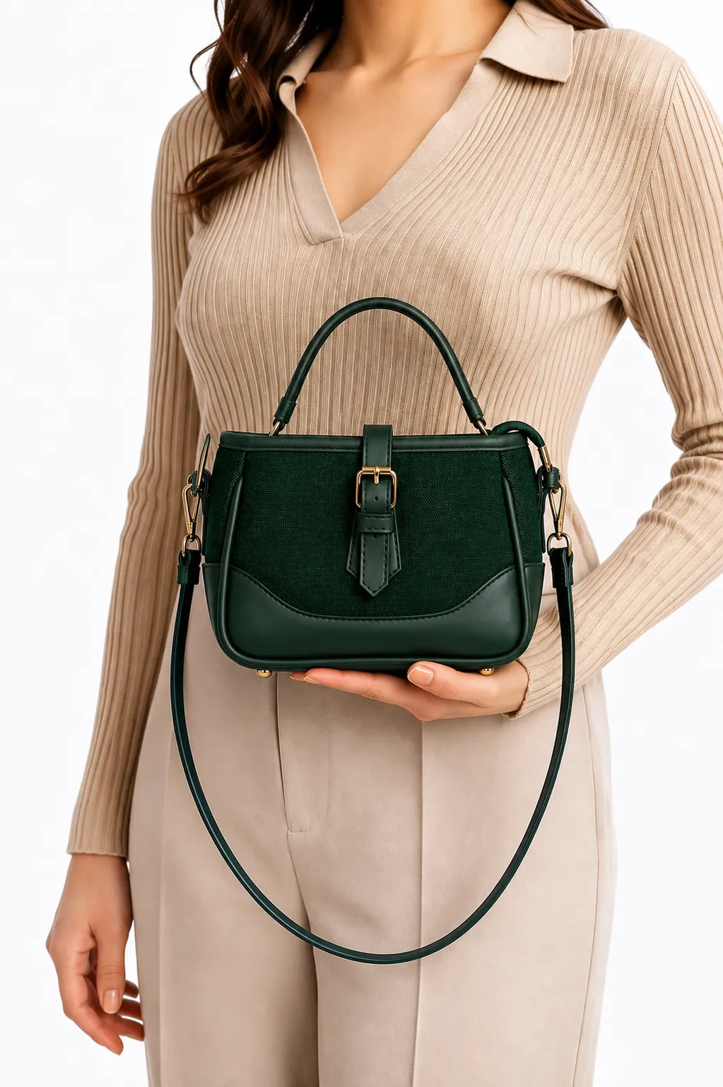 Women's Dark Green Canvas Leather Shoulder & Crossbody Bag