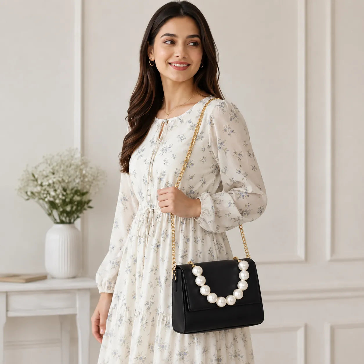 Luxury black structured crossbody bag with pearl handle, gold chain strap, and premium PU leather for women.