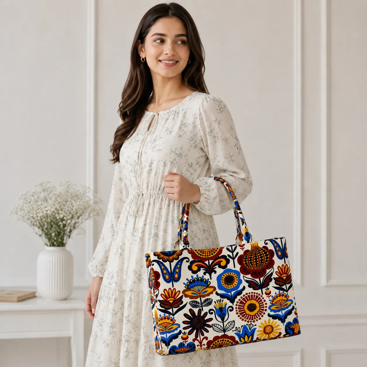 Flora Canvas Tote Bag – Large Printed Shoulder Bag for Women