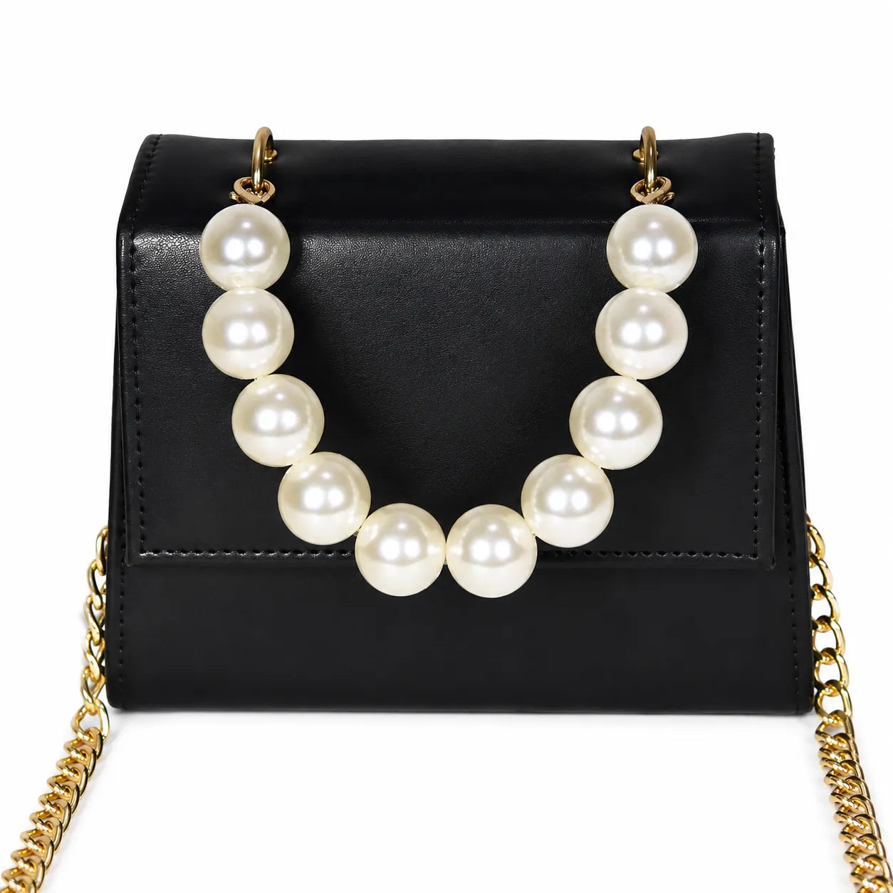 Luxury black structured crossbody bag with pearl handle, gold chain strap, and premium PU leather for women.