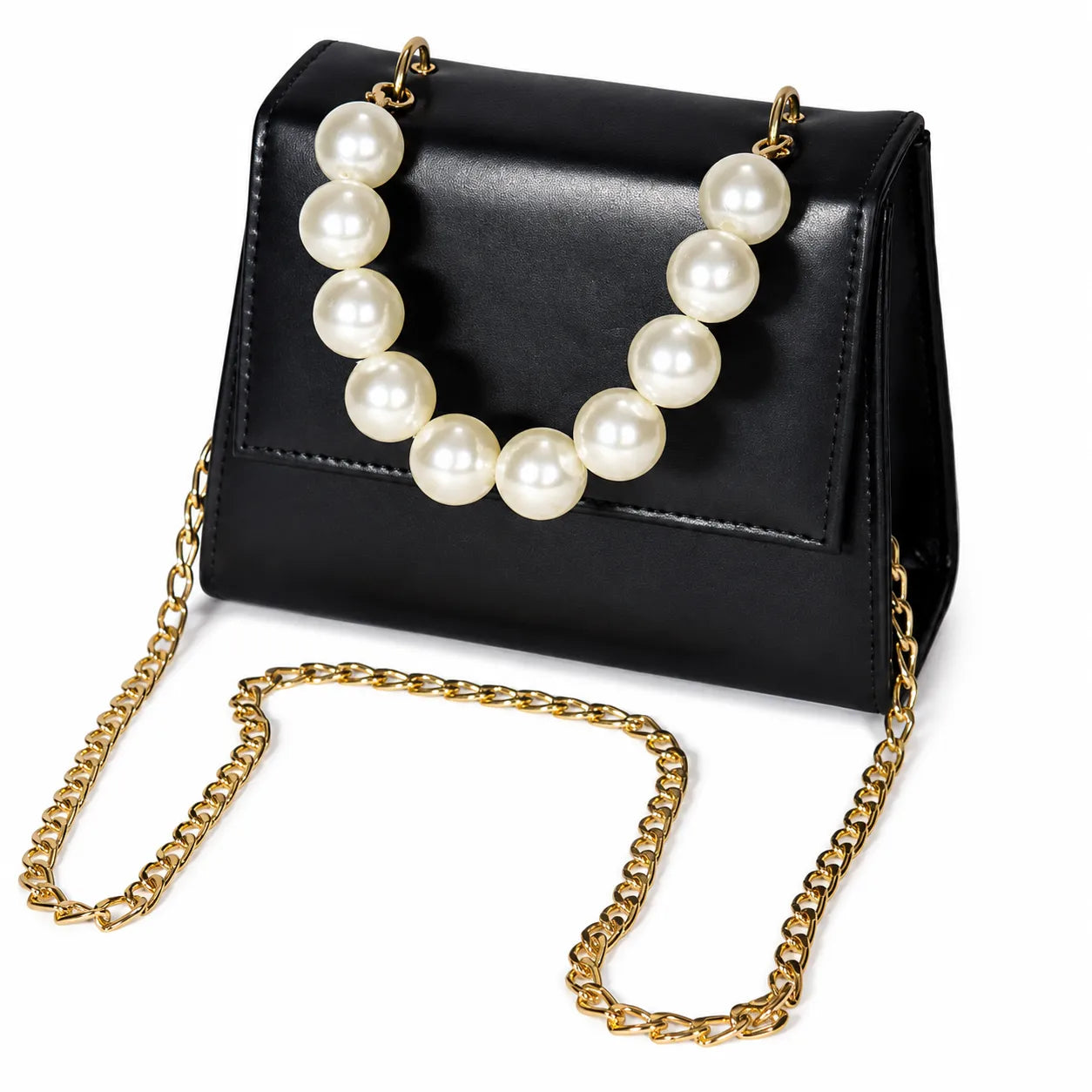Luxury black structured crossbody bag with pearl handle, gold chain strap, and premium PU leather for women.