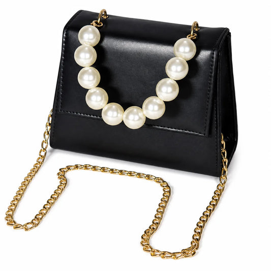 Luxury black structured crossbody bag with pearl handle, gold chain strap, and premium PU leather for women.