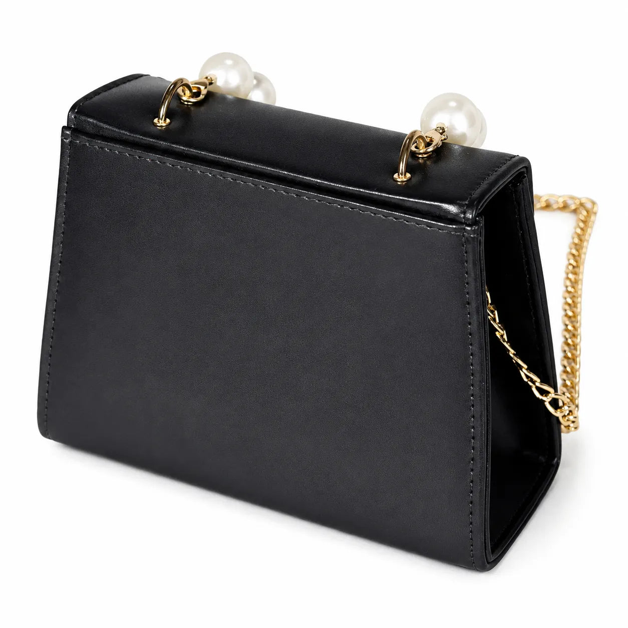 Luxury black structured crossbody bag with pearl handle, gold chain strap, and premium PU leather for women.