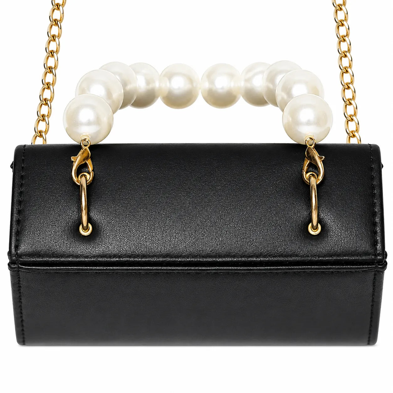 Luxury black structured crossbody bag with pearl handle, gold chain strap, and premium PU leather for women.