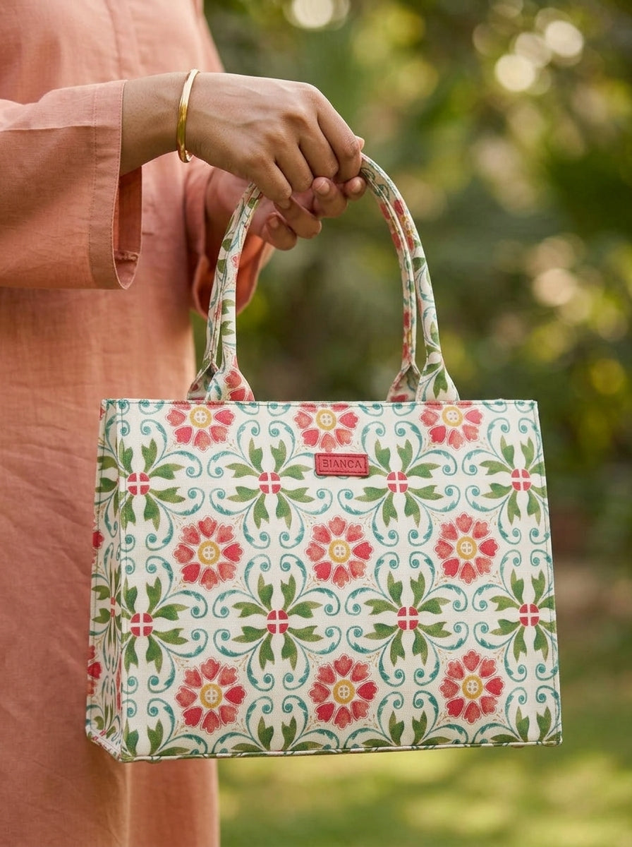 Floral Tile Print Canvas Tote Bag with Sturdy Shoulder Straps