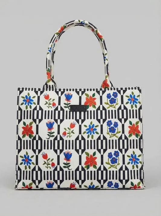 Black Geometric Striped Floral Canvas Tote Bag with Long Handles
