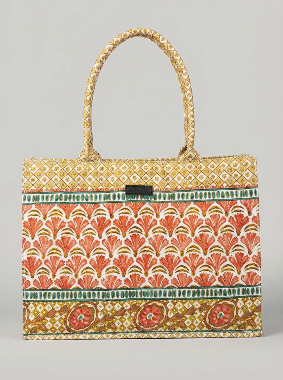 Printed Canvas Tote Bag with Front Leather Pocket Accent