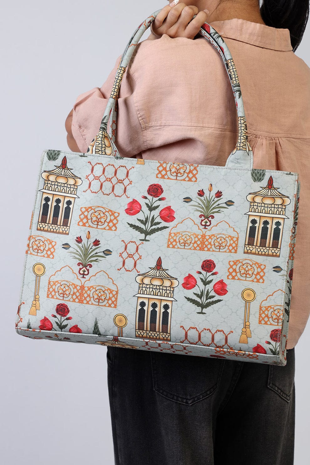 Printed Women’s Tote Bag – Elegant Floral & Architectural Design | Large Shoulder Handbag