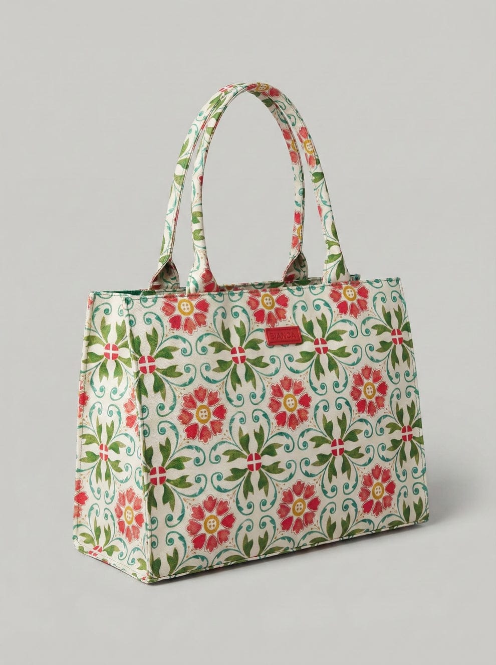 Floral Tile Print Canvas Tote Bag with Sturdy Shoulder Straps