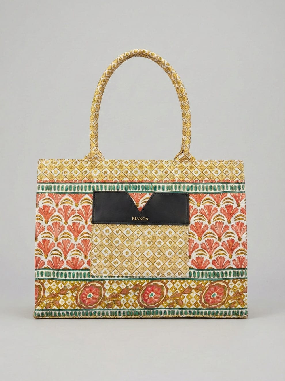 Printed Canvas Tote Bag with Front Leather Pocket Accent