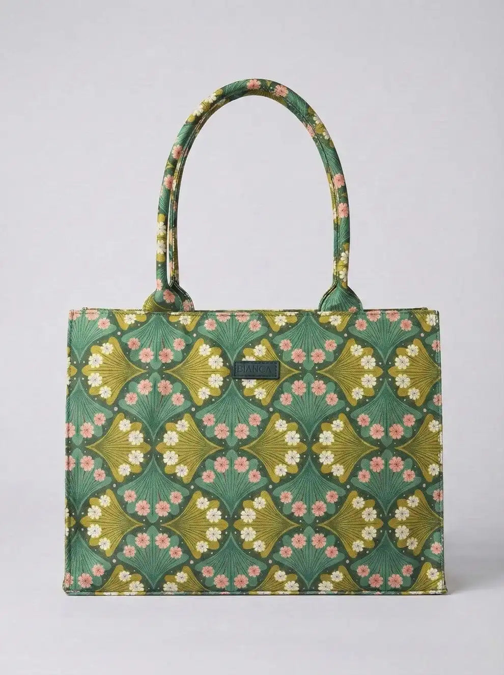 Olive Green Fan Floral Canvas Tote Bag with Front Pocket