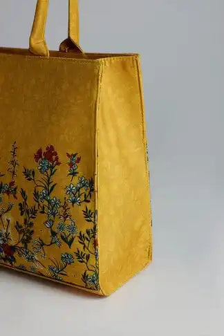 Mustard Yellow Wildflower Print Canvas Tote Bag for Women
