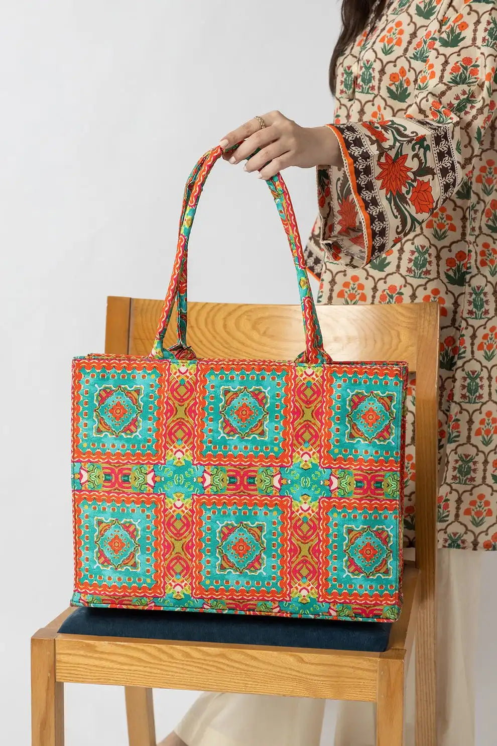 Printed Tote Bag for Women | Colorful Geometric Pattern Ladies Shoulder Bag