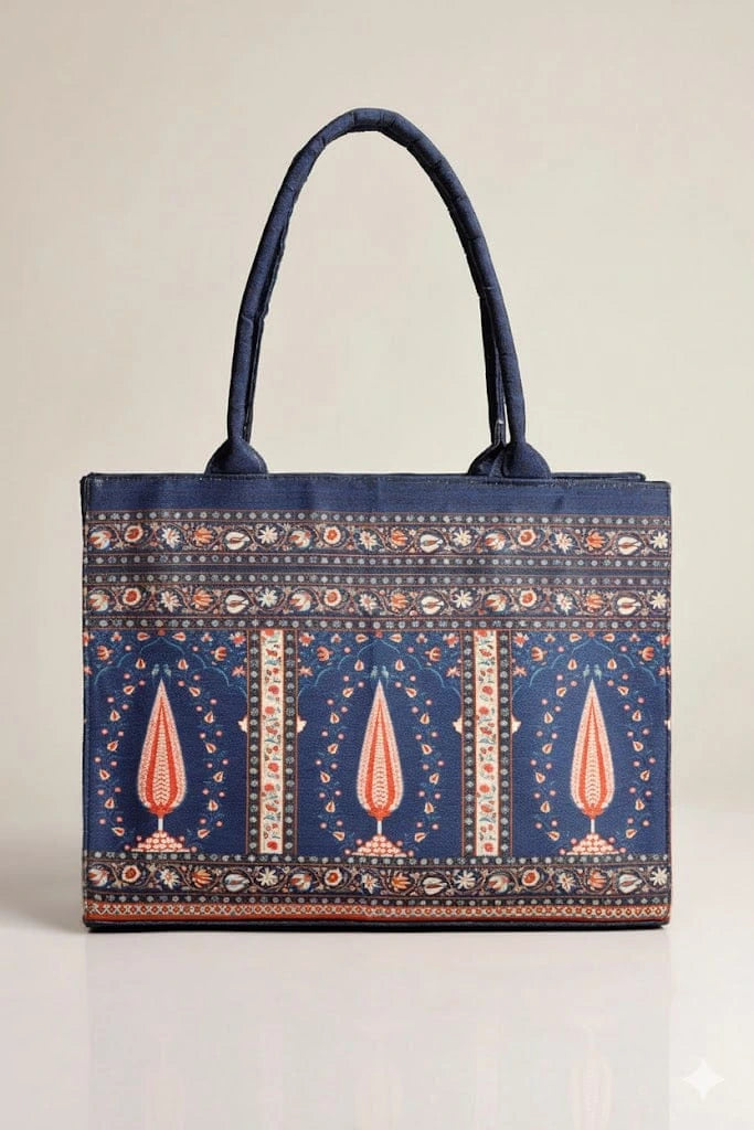 Royal Blue Ethnic Paisley Canvas Tote Bag with Padded Handles