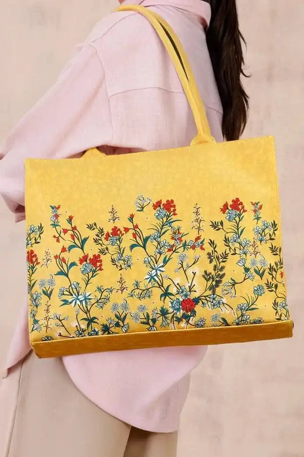 Mustard Yellow Wildflower Print Canvas Tote Bag for Women