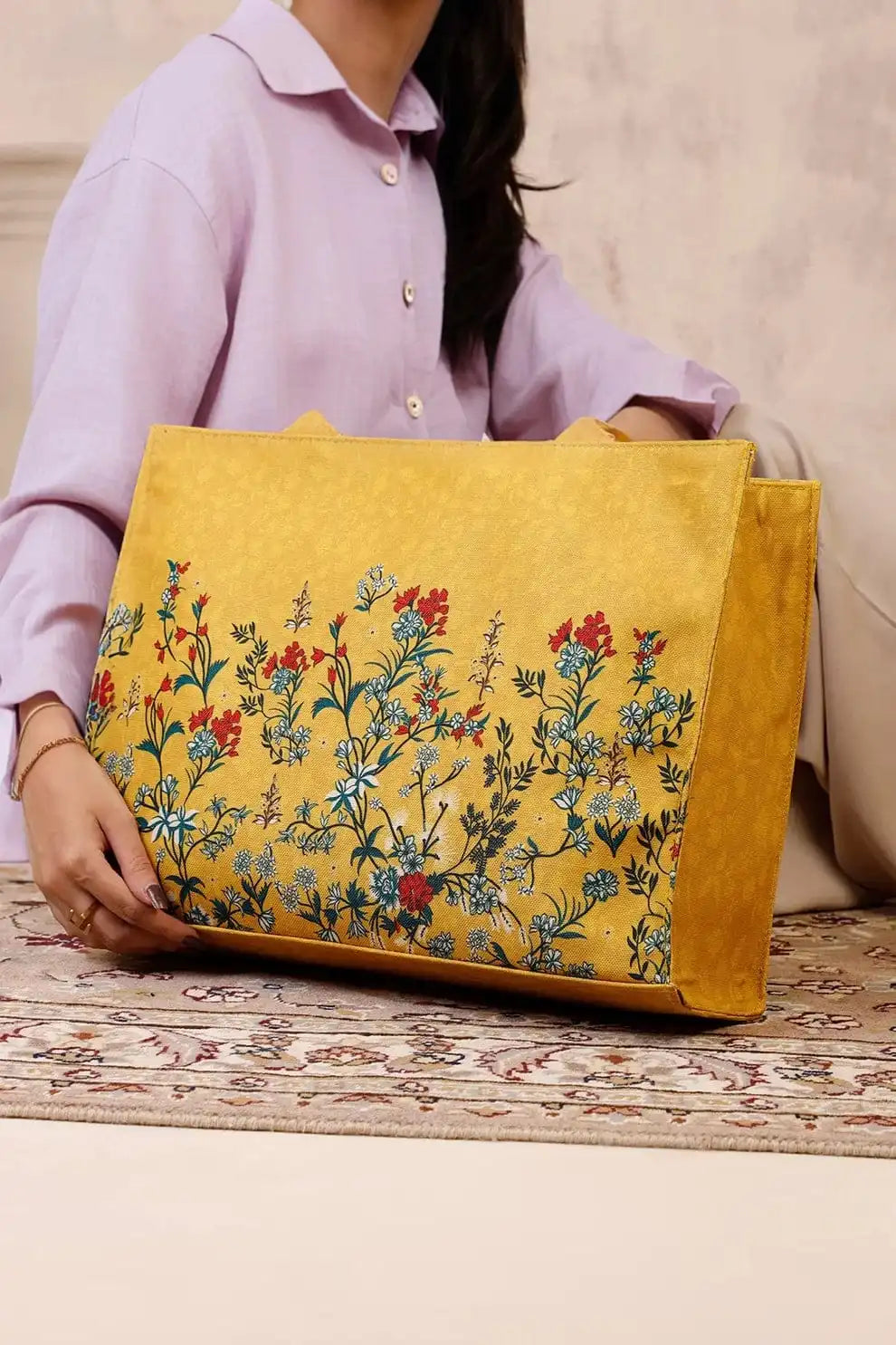 Mustard Yellow Wildflower Print Canvas Tote Bag for Women