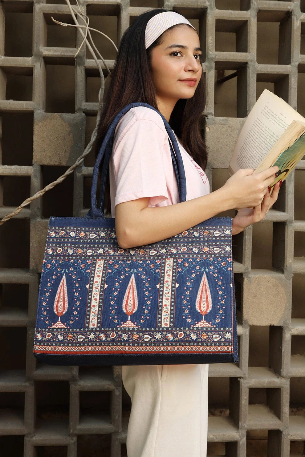 Royal Blue Ethnic Paisley Canvas Tote Bag with Padded Handles