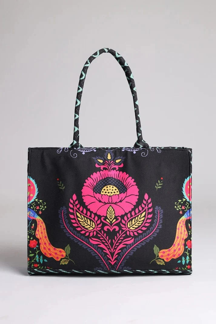 Black Floral Printed Tote Bag for Women – Stylish Everyday Handbag