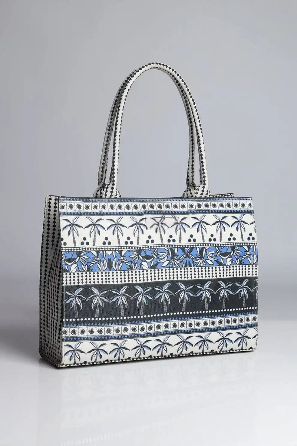 Black & Blue Palm Tree Geometric Patterned Canvas Carryall