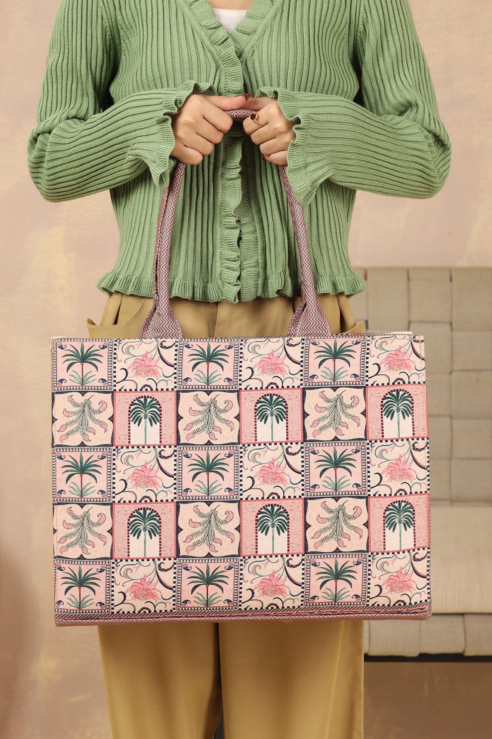 Pastel Pink & Sage Green Arch Motif Canvas Tote Bag