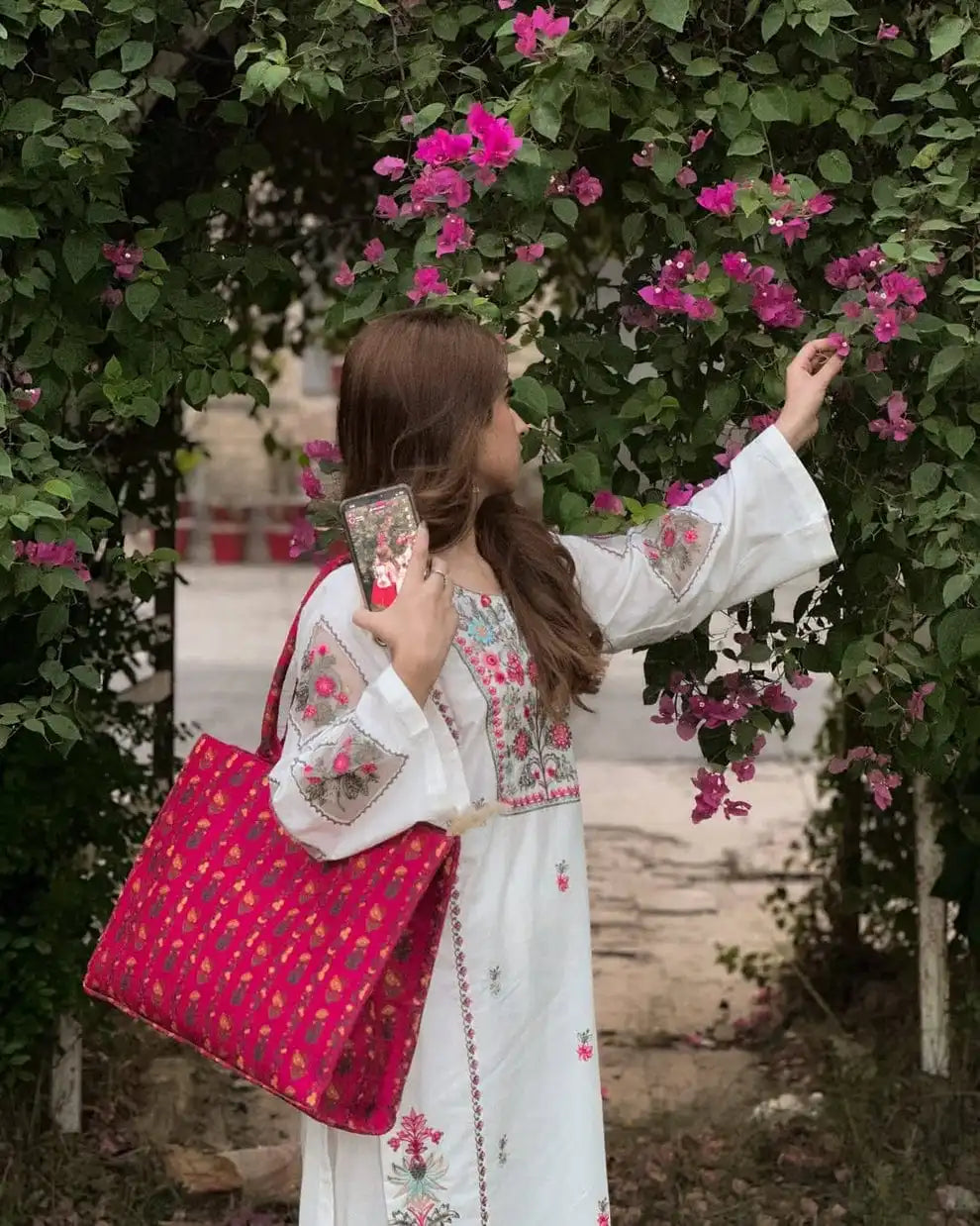 Magenta Ethnic Floral Canvas Tote Bag with Padded Straps