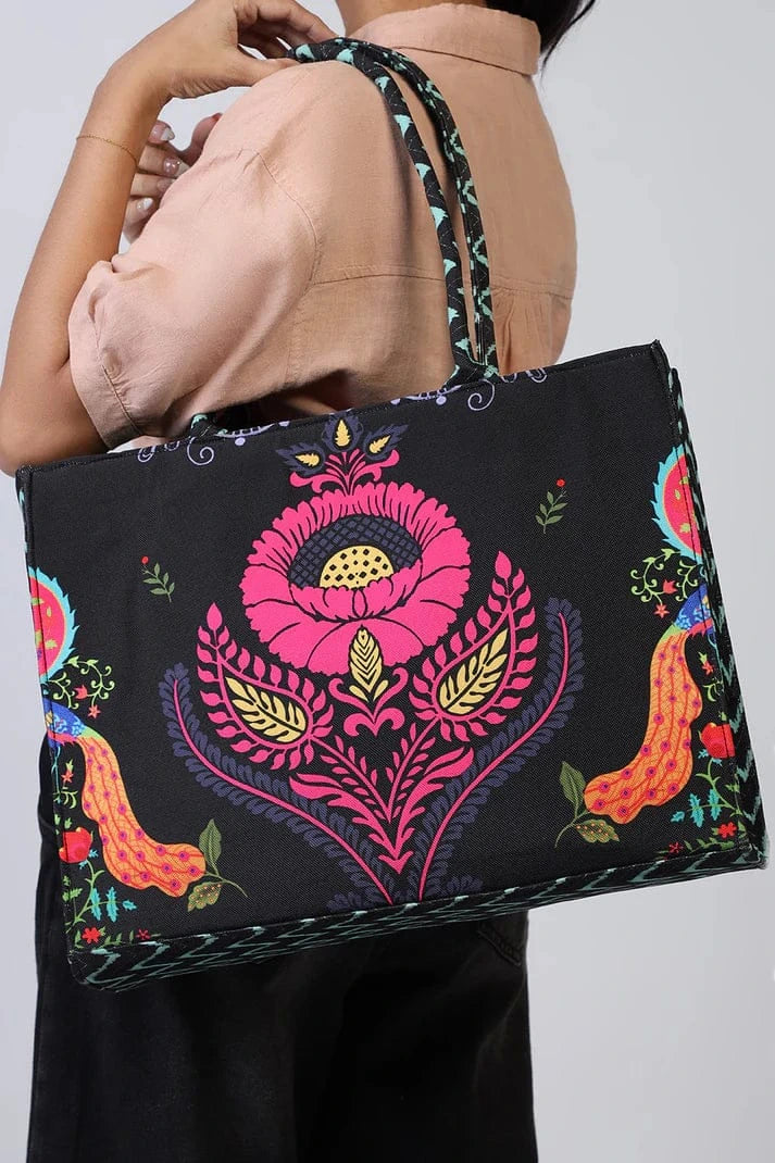 Black Floral Printed Tote Bag for Women – Stylish Everyday Handbag