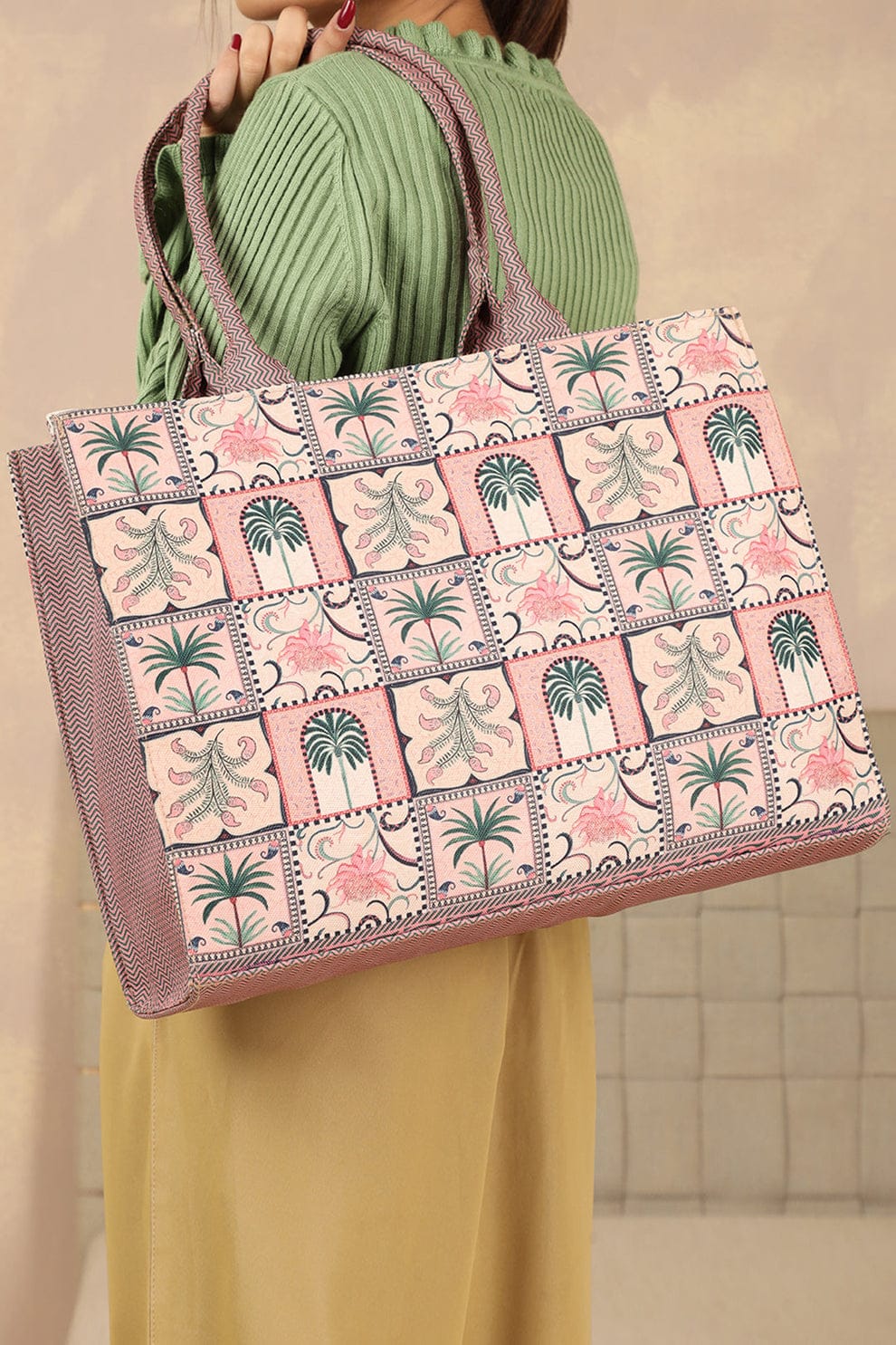Pastel Pink & Sage Green Arch Motif Canvas Tote Bag