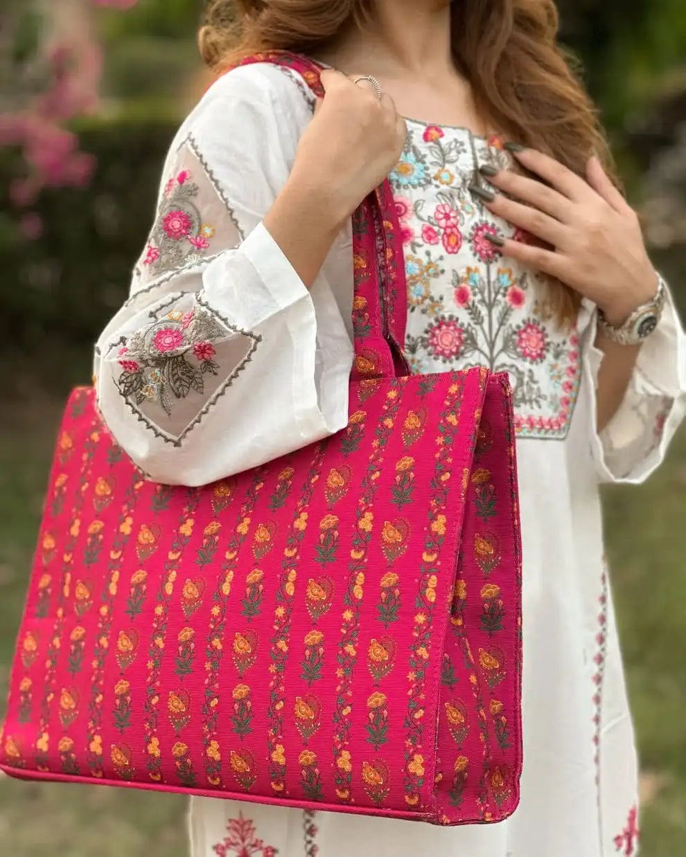 Magenta Ethnic Floral Canvas Tote Bag with Padded Straps