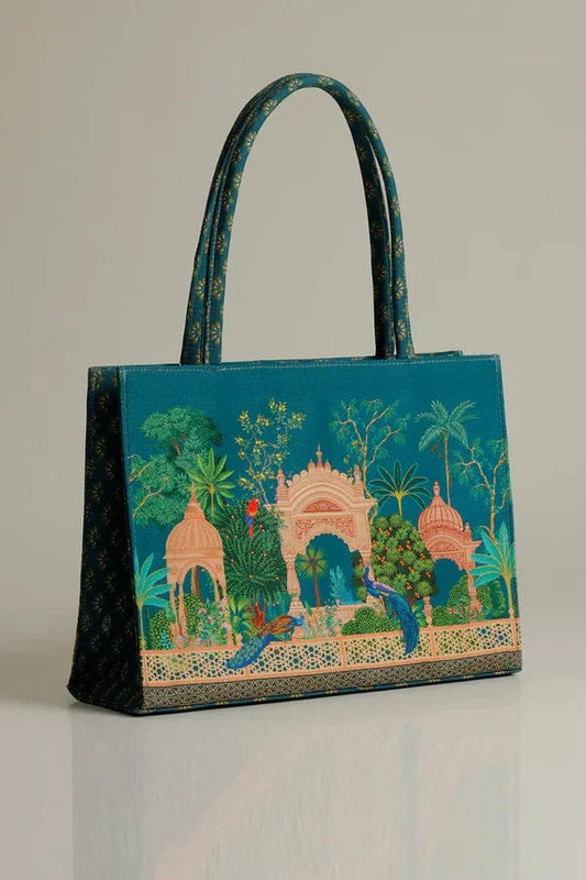Teal Mughal Garden & Peacock Scenic Canvas Tote Bag