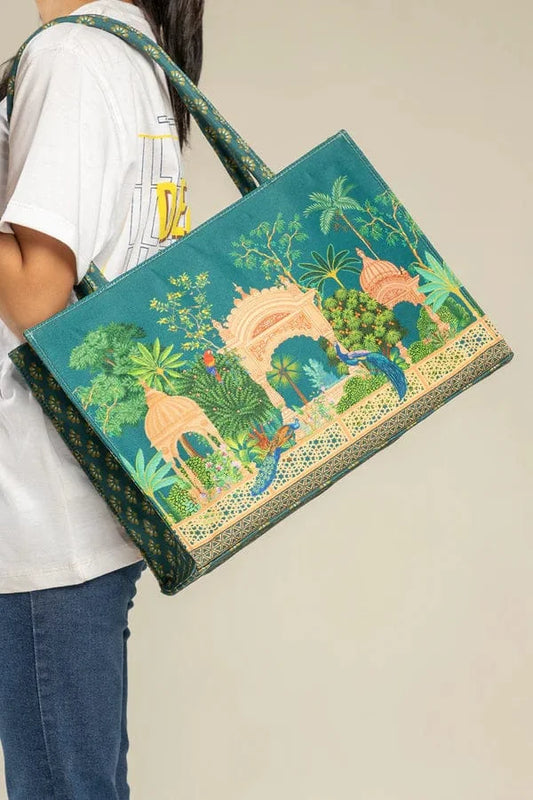 Teal Mughal Garden & Peacock Scenic Canvas Tote Bag