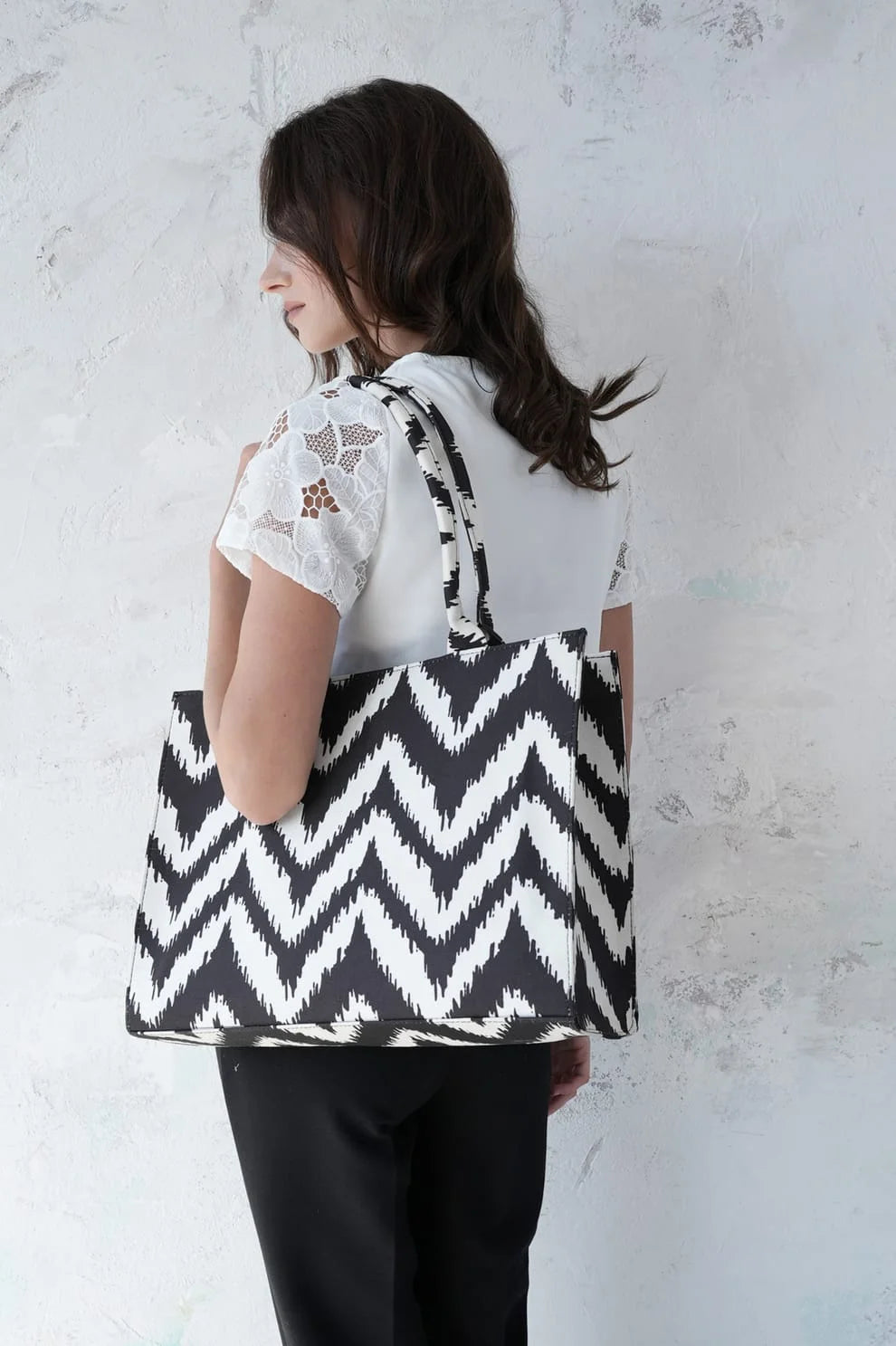 Black & White Geometric Chevron Ikat Canvas Tote Bag