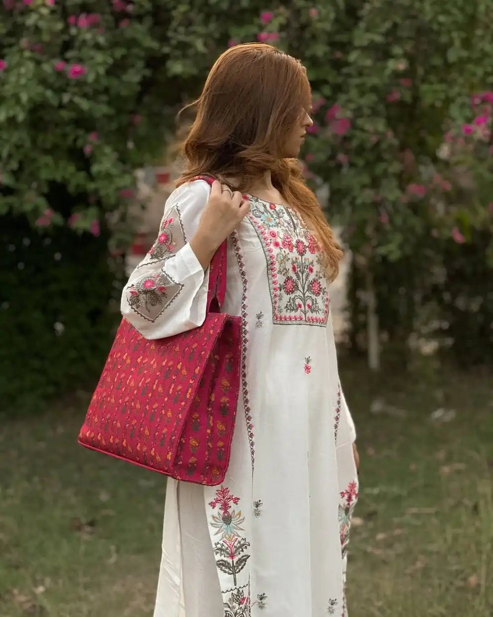 Magenta Ethnic Floral Canvas Tote Bag with Padded Straps