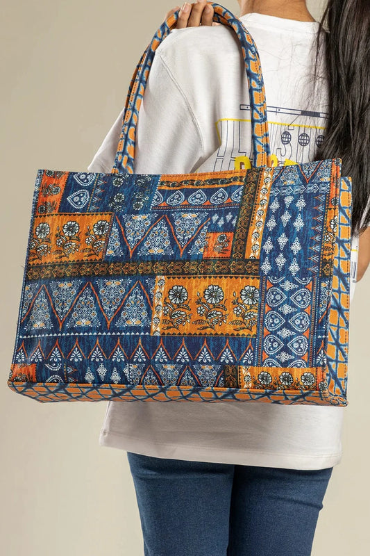 Indigo Blue & Rust Ajrak Mosaic Motif Canvas Tote Bag