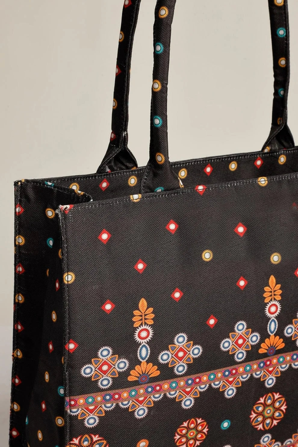 Black Sindhi Folk Mirror Art Motif Canvas Tote Bag