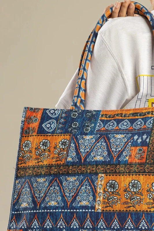 Indigo Blue & Rust Ajrak Mosaic Motif Canvas Tote Bag