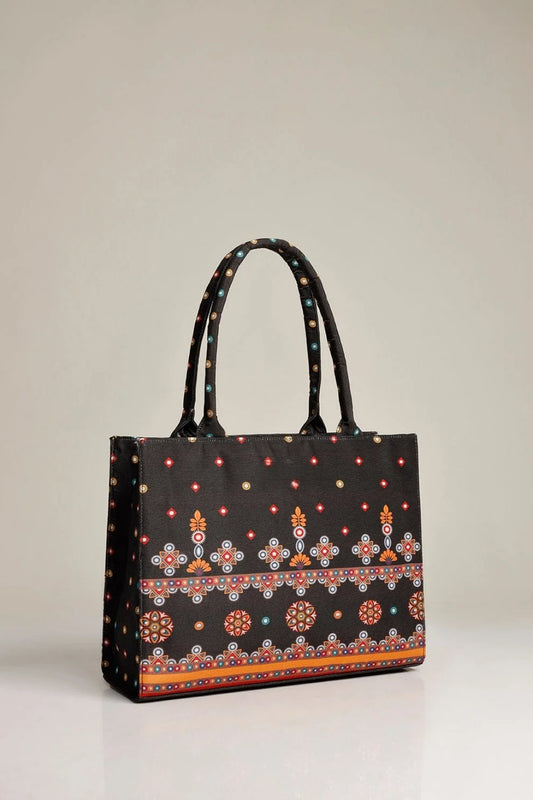 Black Sindhi Folk Mirror Art Motif Canvas Tote Bag