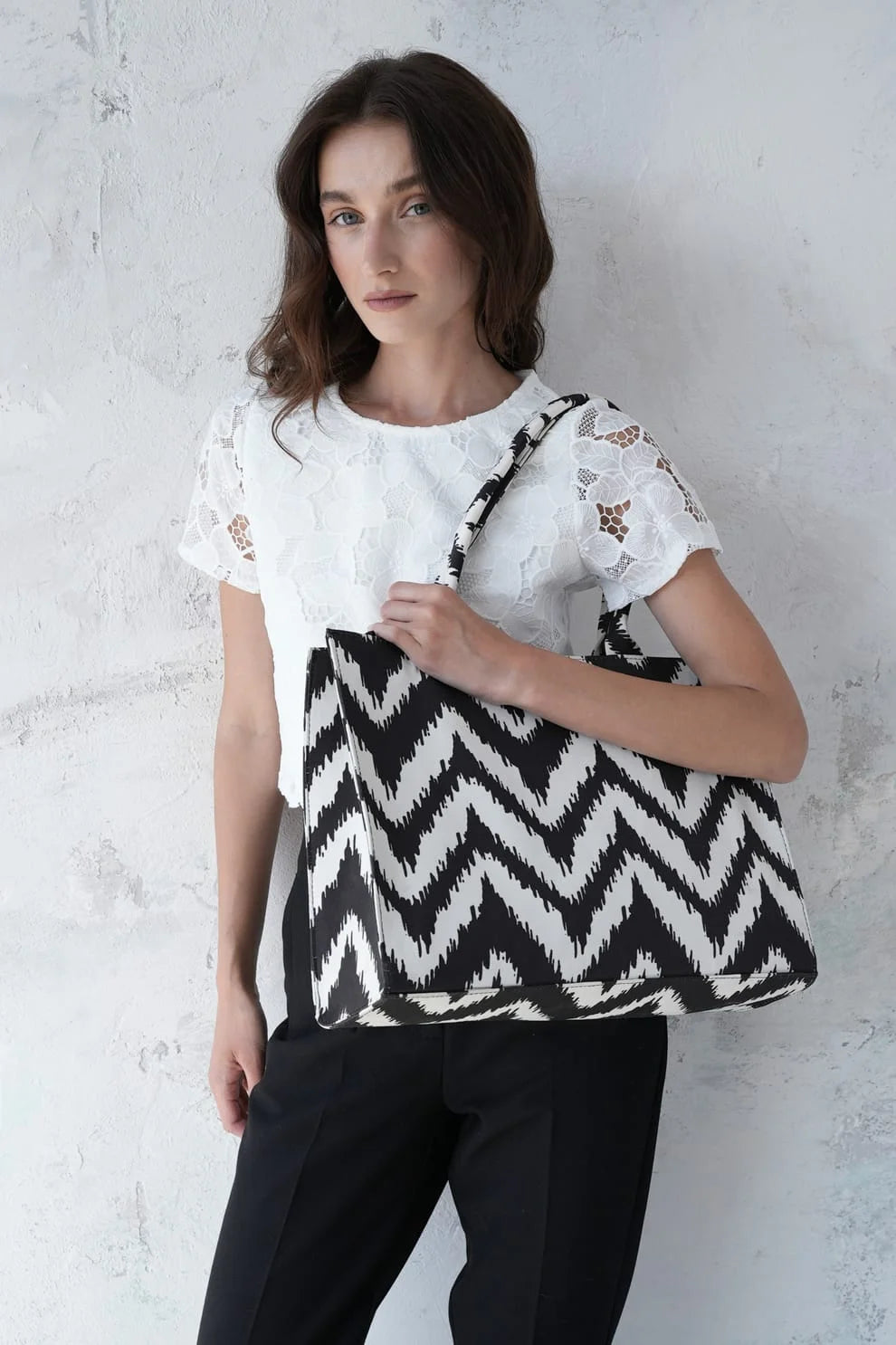 Black & White Geometric Chevron Ikat Canvas Tote Bag