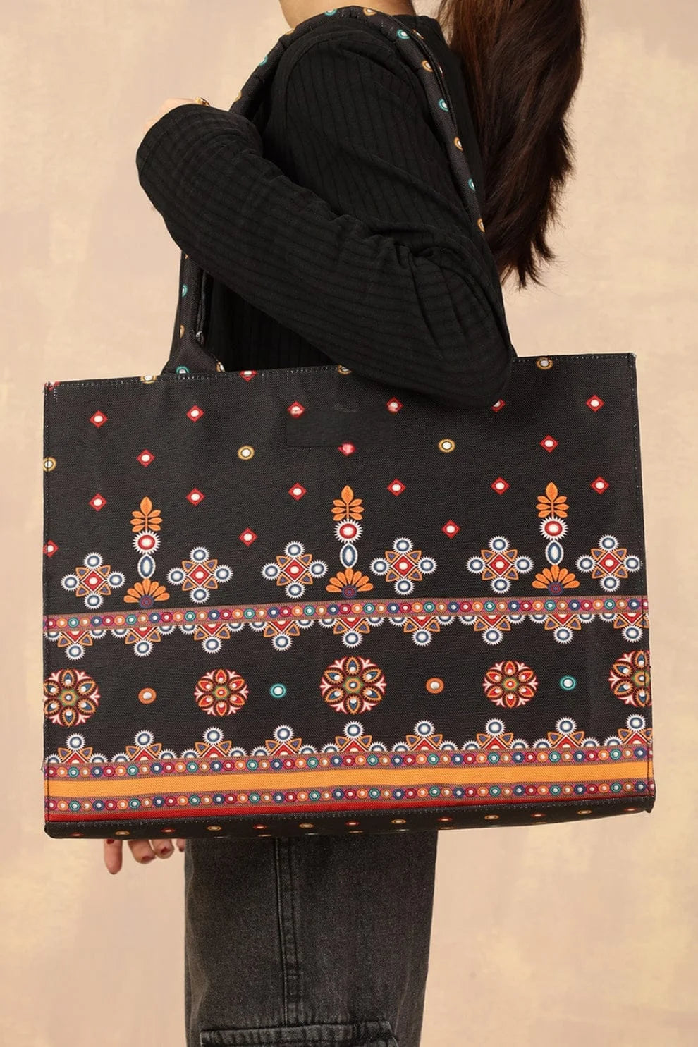 Black Sindhi Folk Mirror Art Motif Canvas Tote Bag