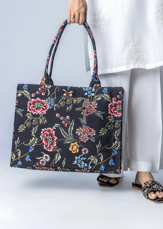 Midnight Black Vintage Floral Tapestry Canvas Tote Bag