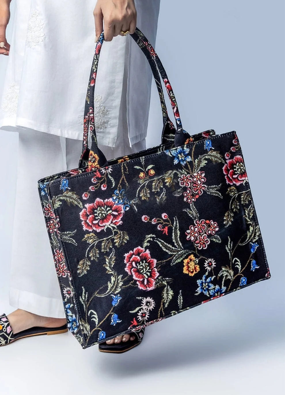 Midnight Black Vintage Floral Tapestry Canvas Tote Bag