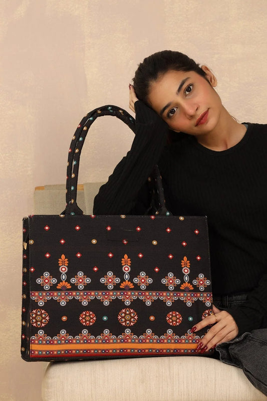 Black Sindhi Folk Mirror Art Motif Canvas Tote Bag