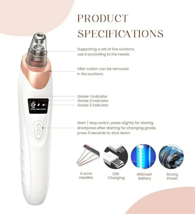 Electric Blackhead Remover Vacuum with 5 Interchangeable Suction Heads