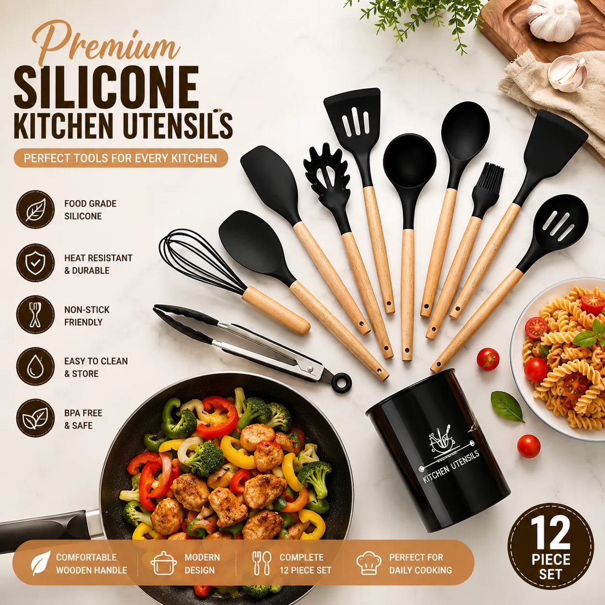 Mini 12-Piece Non-Stick Silicone Kitchen Utensils Set with Holder