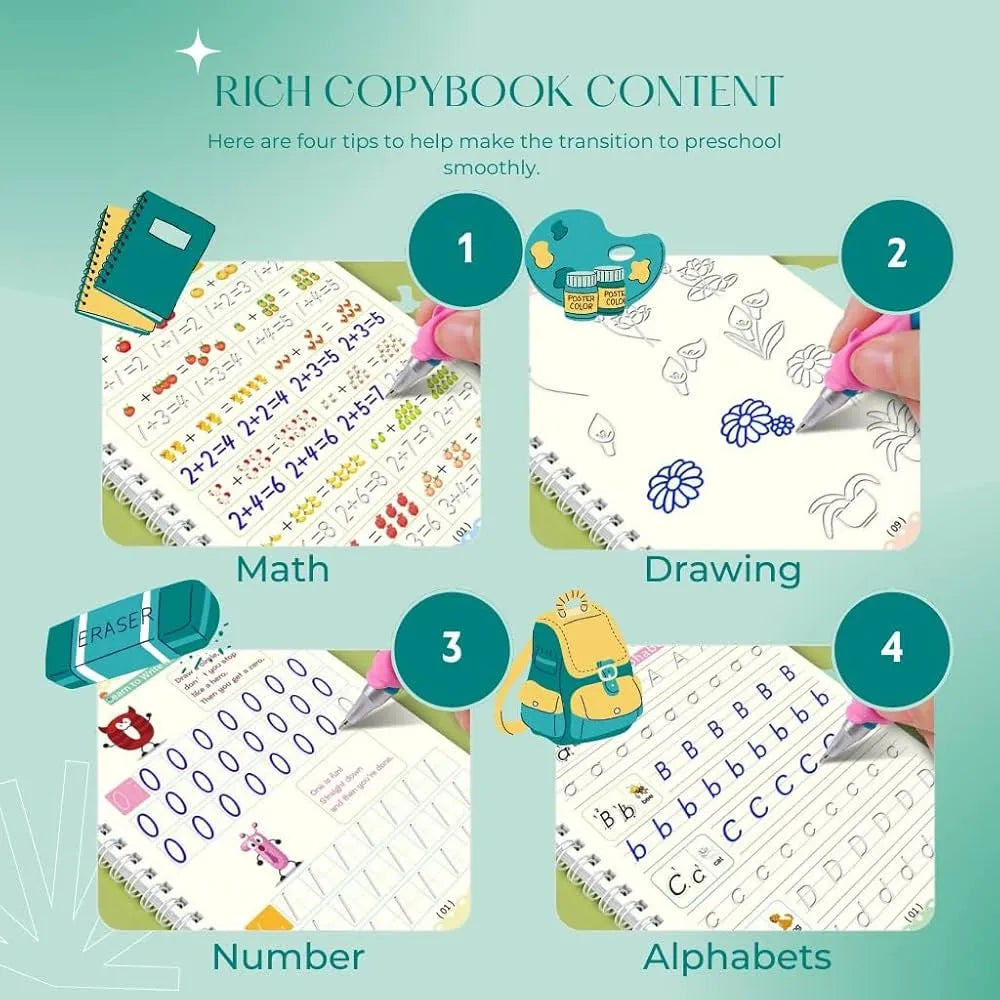 Sank Magic Practice Copybook Set - 4 Books & 10 Refills 1 pen 1 gripper